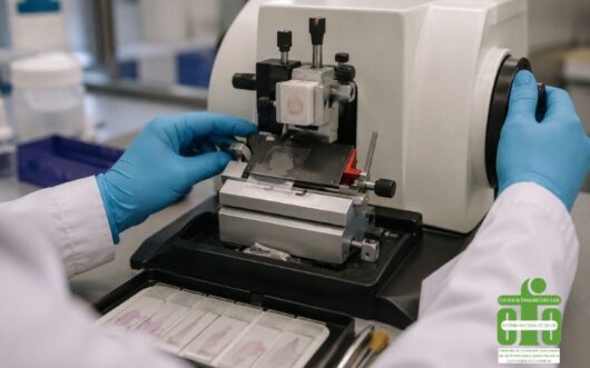 Corte histológico en el laboratorio de anatomía patológica